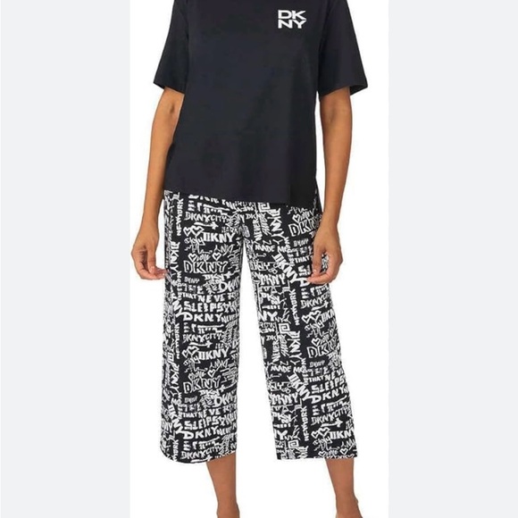 DKNY Black Top with White Graphic Pants Set - Picture 1 of 15
